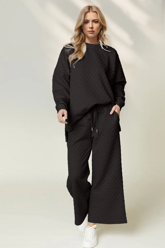 High-Low Round Neck Top and Wide Leg Pants Set - LODIMAE FASHION 