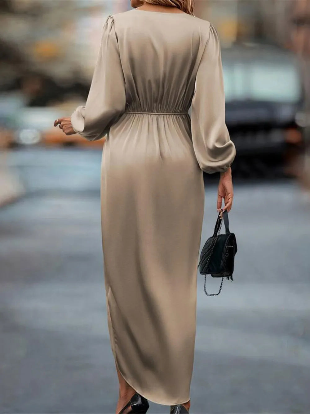 High-Low Surplice Balloon Sleeve Midi Dress - LODIMAE FASHION 