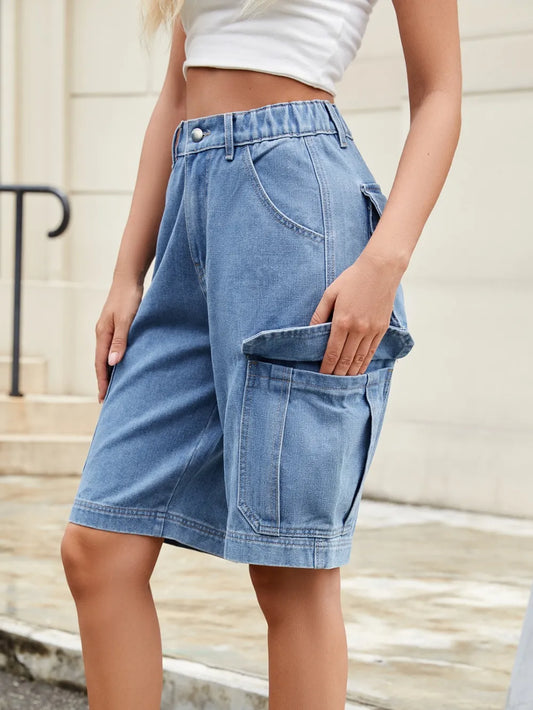 High Waist Denim Shorts with Pockets - LODIMAE FASHION 
