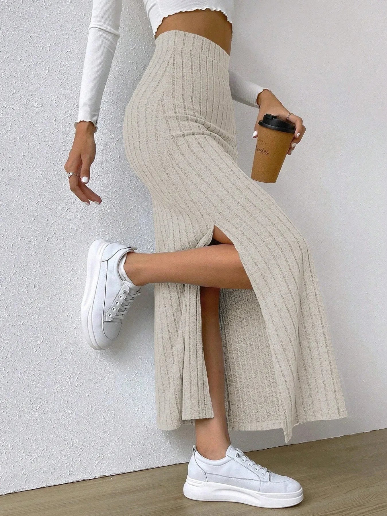 High Waist Ribbed Knit Maxi Skirt - LODIMAE FASHION 