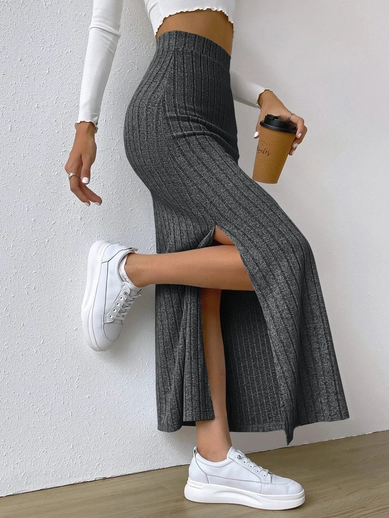 High Waist Ribbed Knit Maxi Skirt - LODIMAE FASHION 