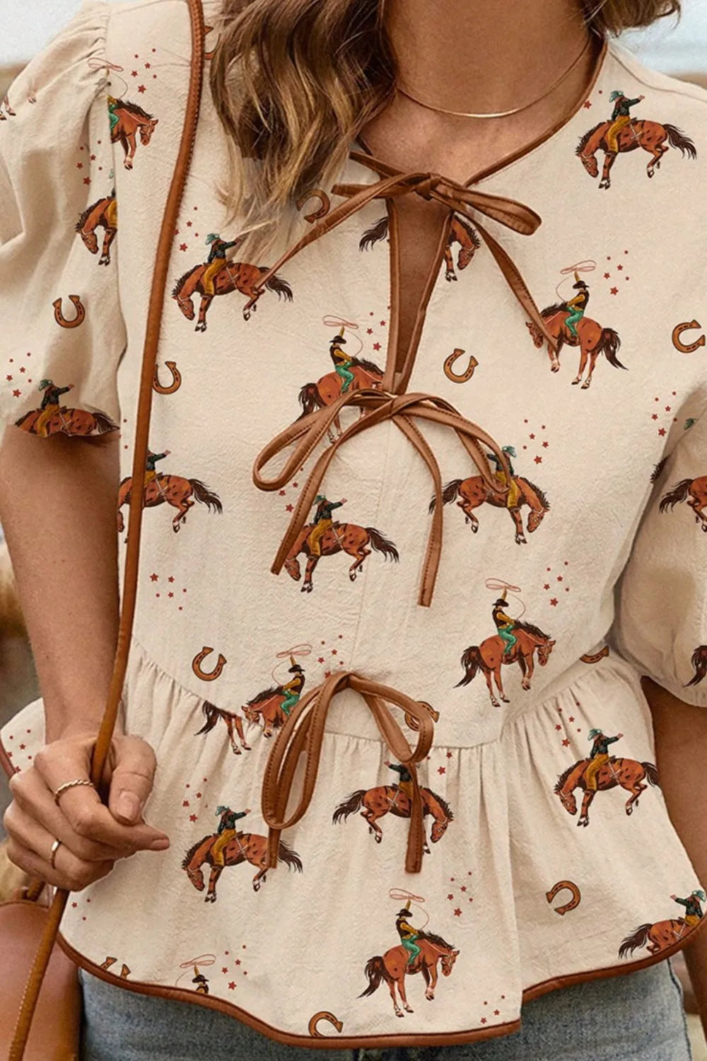 Horse Print Tie-Front Peplum Blouse - LODIMAE FASHION 