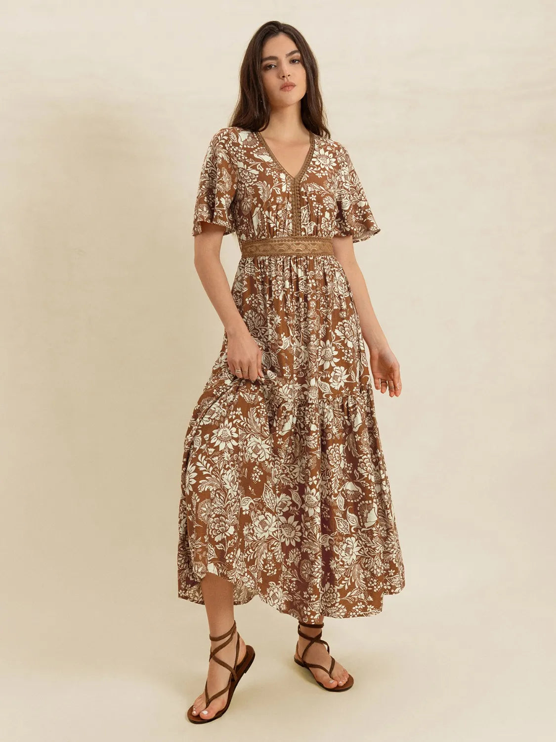 Lace Detail Printed Short Sleeve Midi Dress - LODIMAE FASHION 