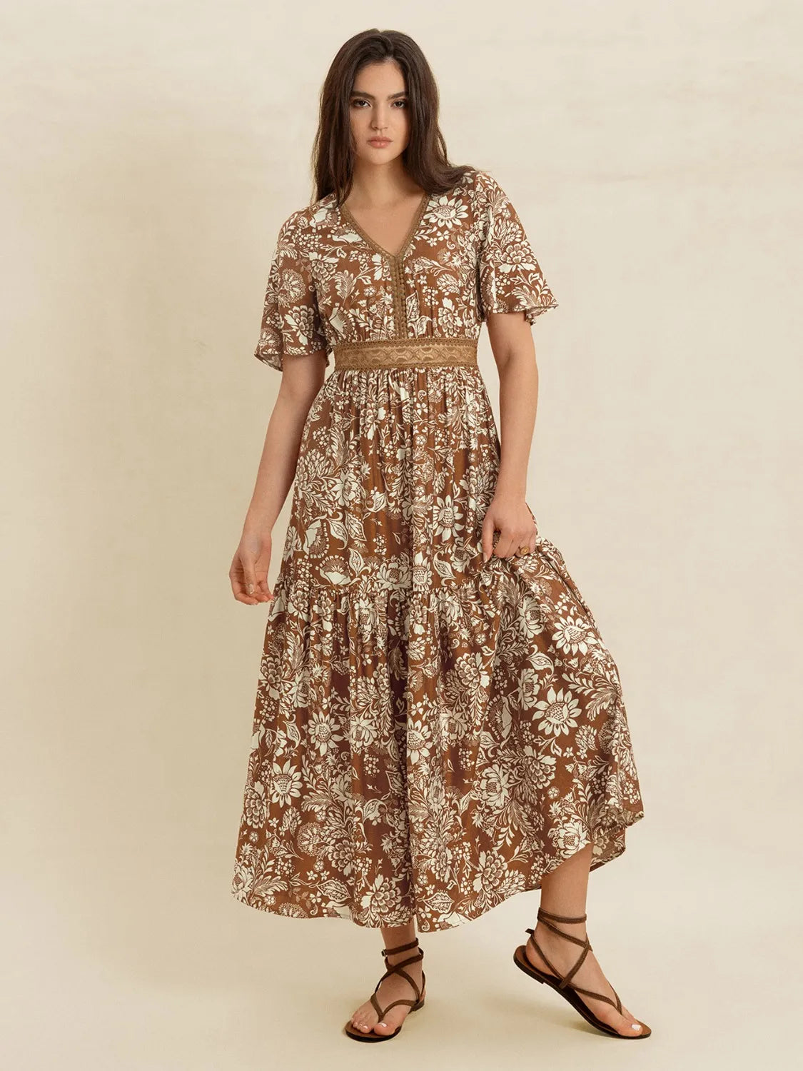 Lace Detail Printed Short Sleeve Midi Dress - LODIMAE FASHION 