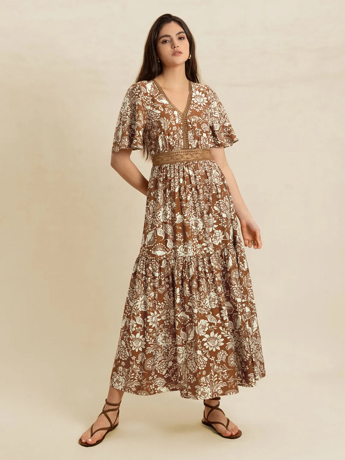 Lace Detail Printed Short Sleeve Midi Dress - LODIMAE FASHION 