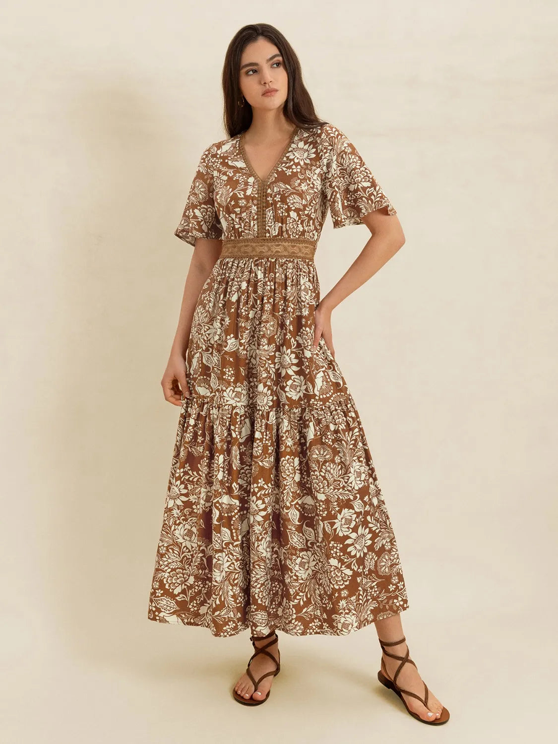Lace Detail Printed Short Sleeve Midi Dress - LODIMAE FASHION 