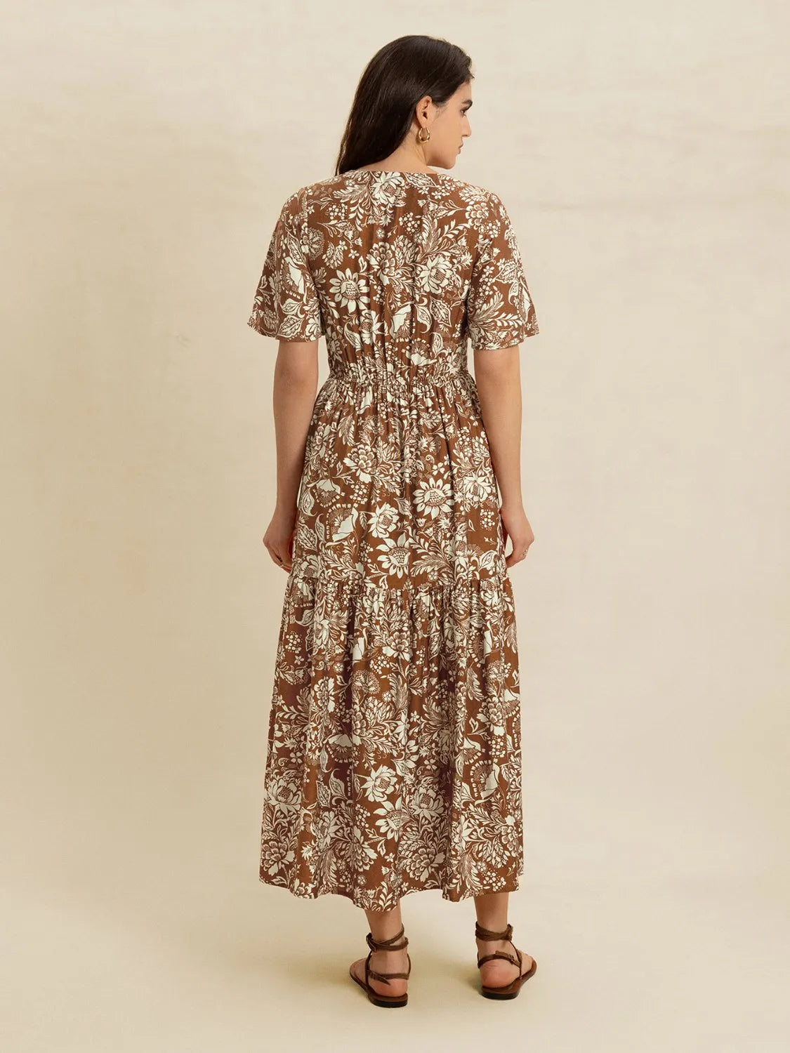 Lace Detail Printed Short Sleeve Midi Dress - LODIMAE FASHION 