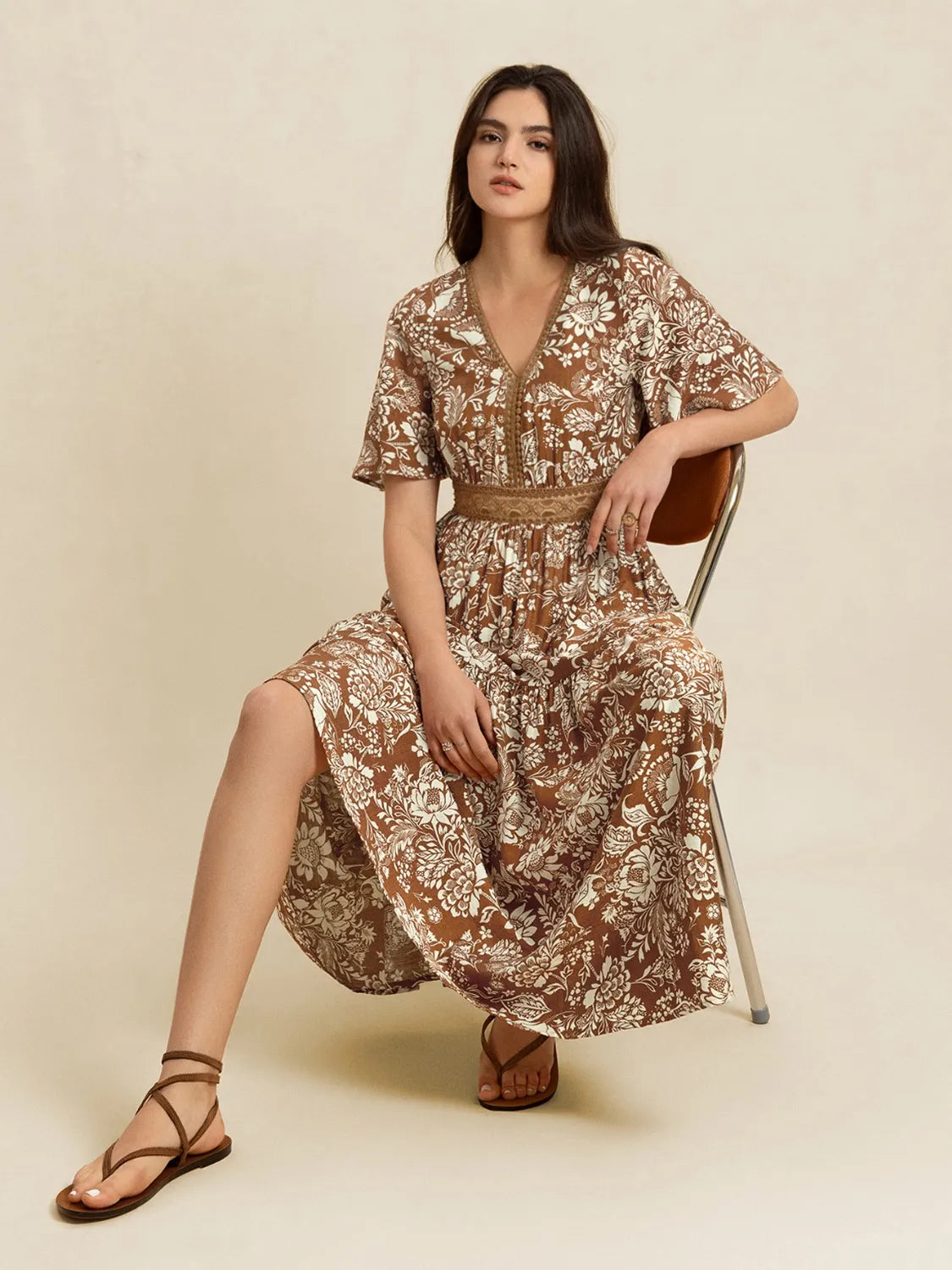 Lace Detail Printed Short Sleeve Midi Dress - LODIMAE FASHION 