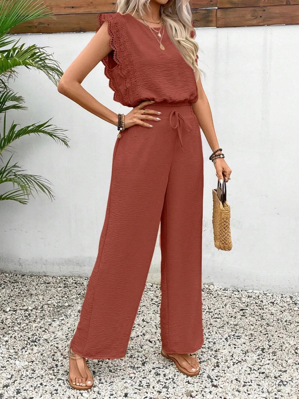 Lace Trim Round Neck Top and Pants Set - LODIMAE FASHION 