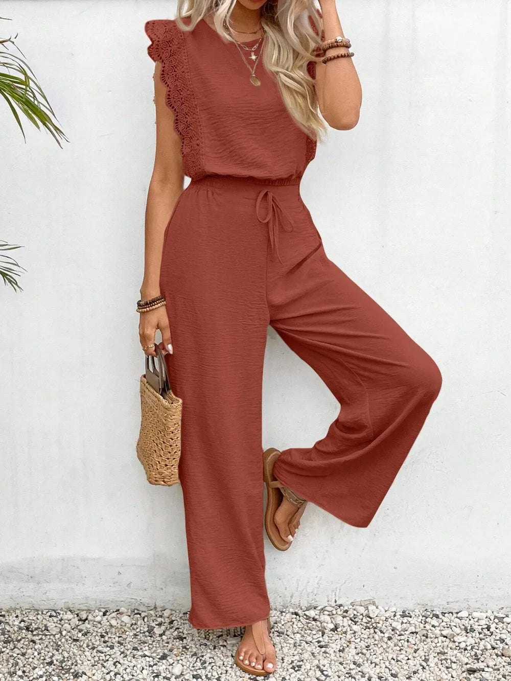Lace Trim Round Neck Top and Pants Set - LODIMAE FASHION 