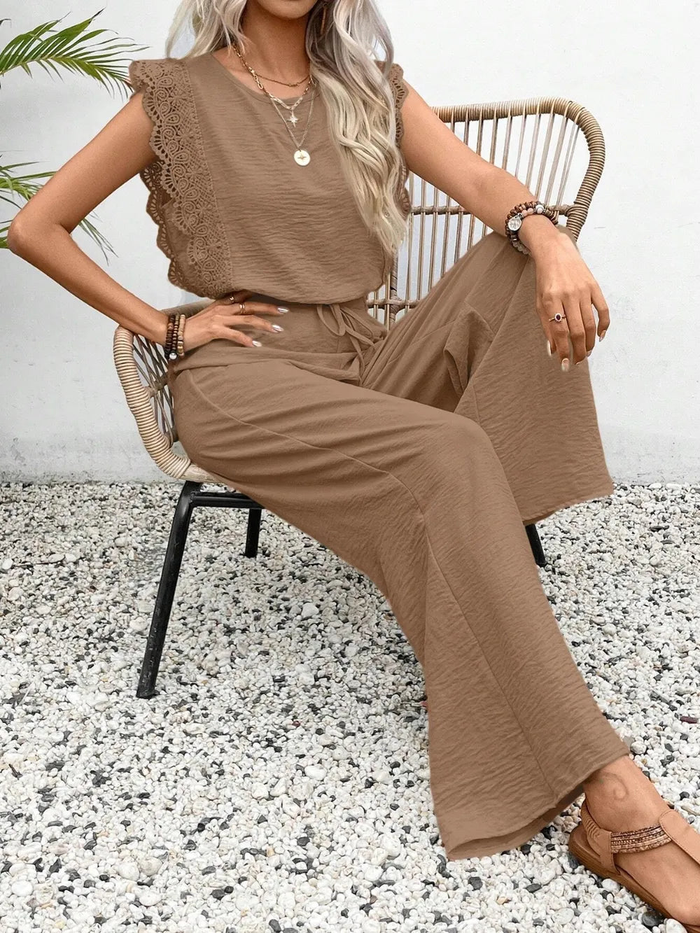Lace Trim Round Neck Top and Pants Set - LODIMAE FASHION 