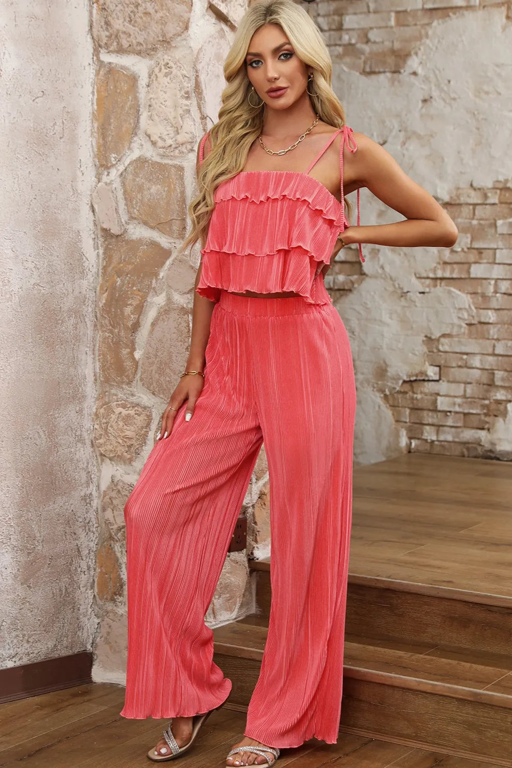 Layered Tie Shoulder Top and Wide Leg Pants Set - LODIMAE FASHION 