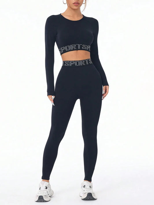 Letter Print Round Neck Long Sleeve Top and Leggings Active Set - LODIMAE FASHION 
