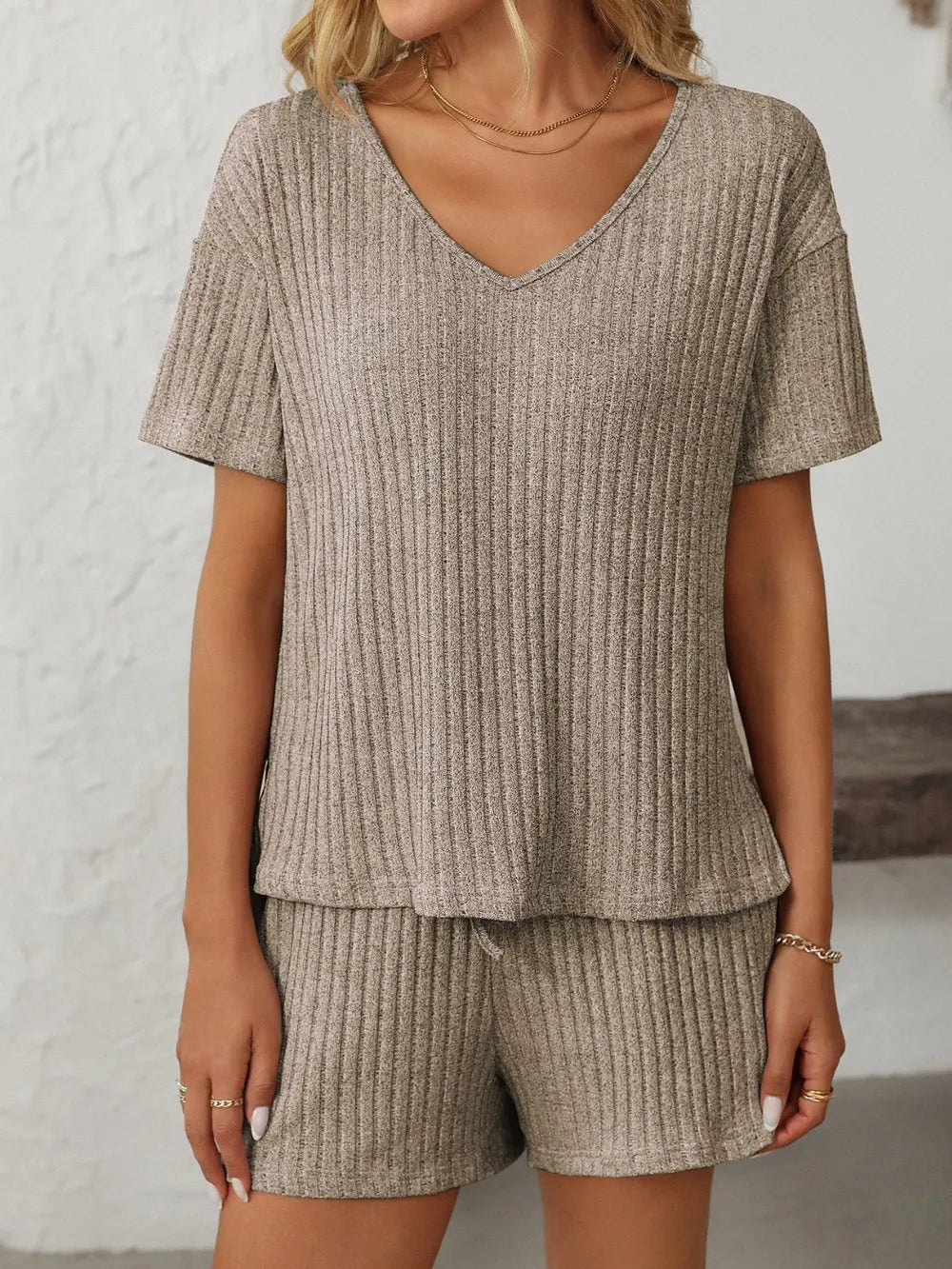 Mandy Women’s V-Neck Short Sleeve Top & Shorts Set – Casual Loungewear - LODIMAE FASHION 