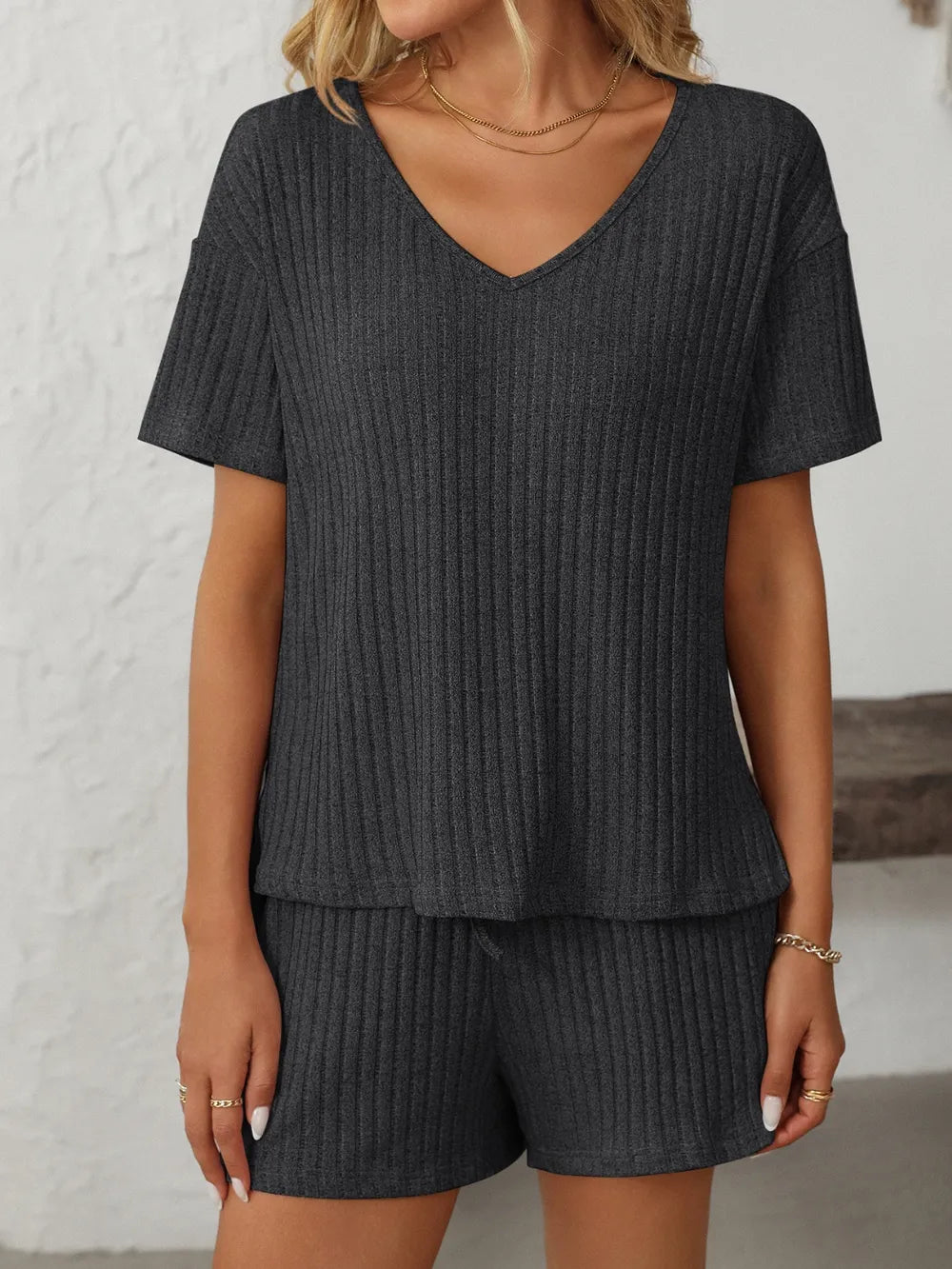 Mandy Women’s V-Neck Short Sleeve Top & Shorts Set – Casual Loungewear - LODIMAE FASHION 