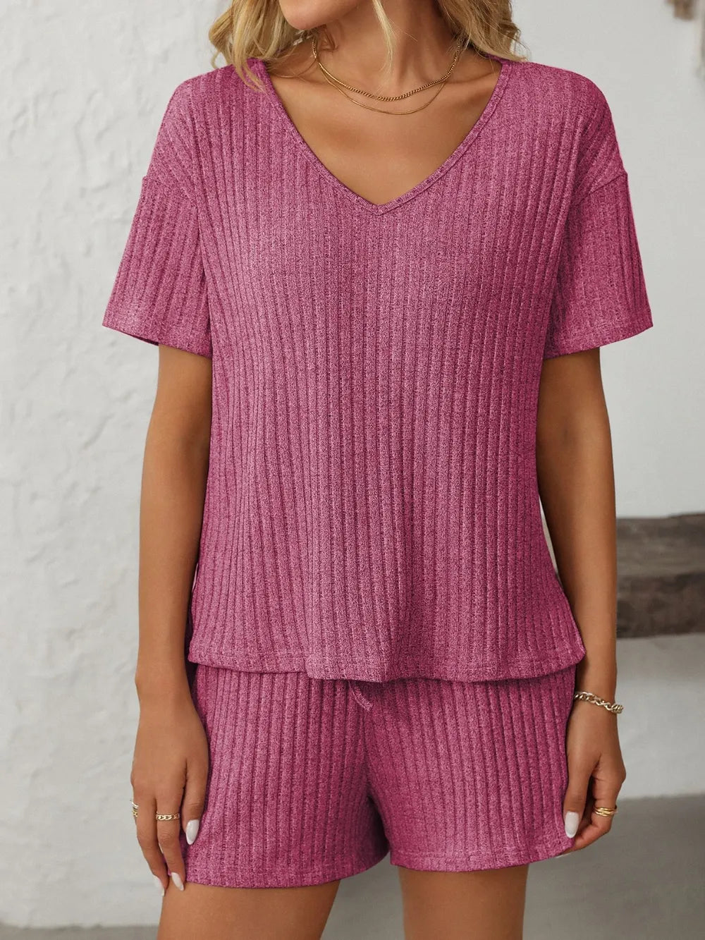 Mandy Women’s V-Neck Short Sleeve Top & Shorts Set – Casual Loungewear - LODIMAE FASHION 
