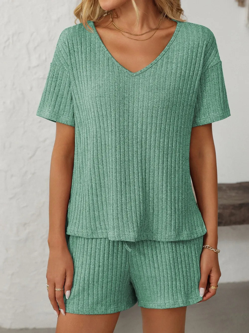Mandy Women’s V-Neck Short Sleeve Top & Shorts Set – Casual Loungewear - LODIMAE FASHION 
