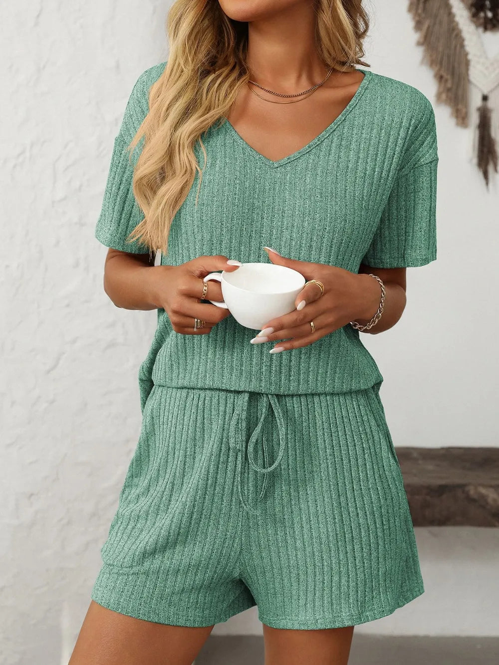 Mandy Women’s V-Neck Short Sleeve Top & Shorts Set – Casual Loungewear - LODIMAE FASHION 