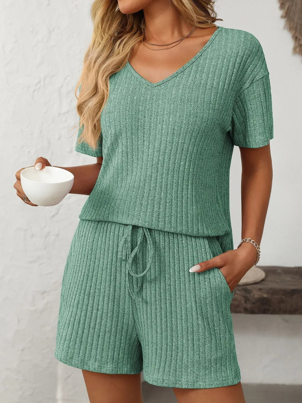 Mandy Women’s V-Neck Short Sleeve Top & Shorts Set – Casual Loungewear - LODIMAE FASHION 