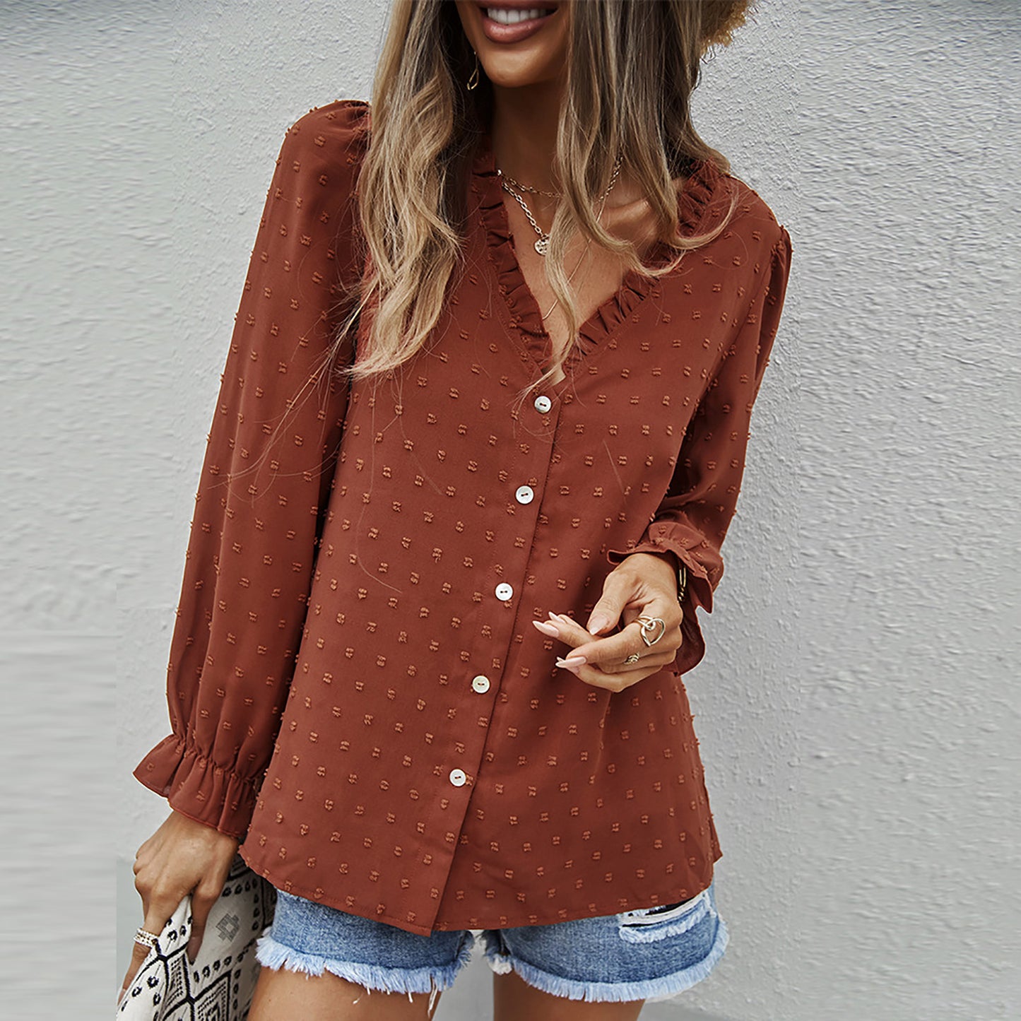 Women's Fashion Solid Color And V-neck Loose Jacquard Long Sleeve Casual Shirt Top - LODIMAE FASHION 