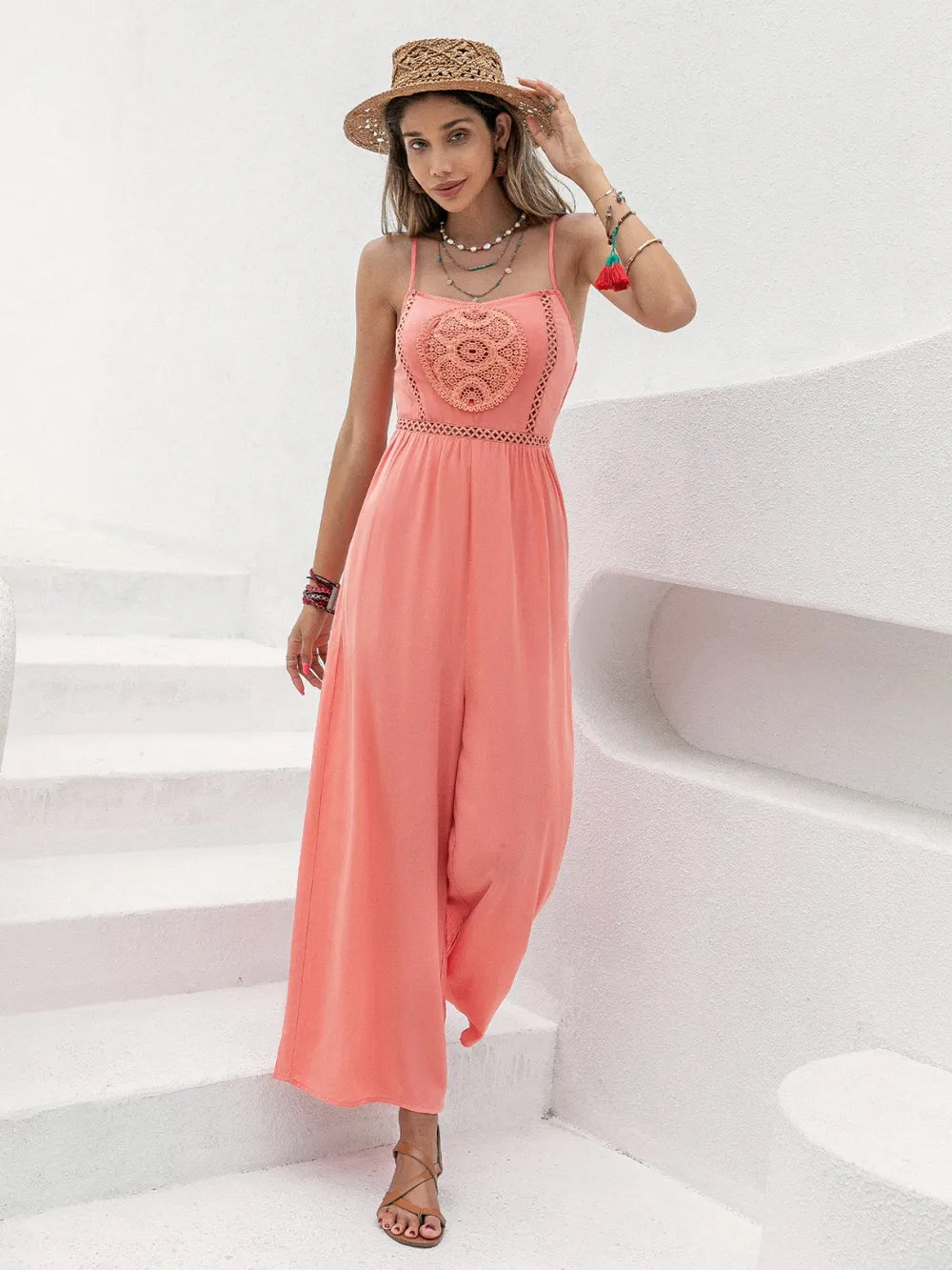 Openwork Spaghetti Strap Wide Leg Jumpsuit - LODIMAE FASHION 