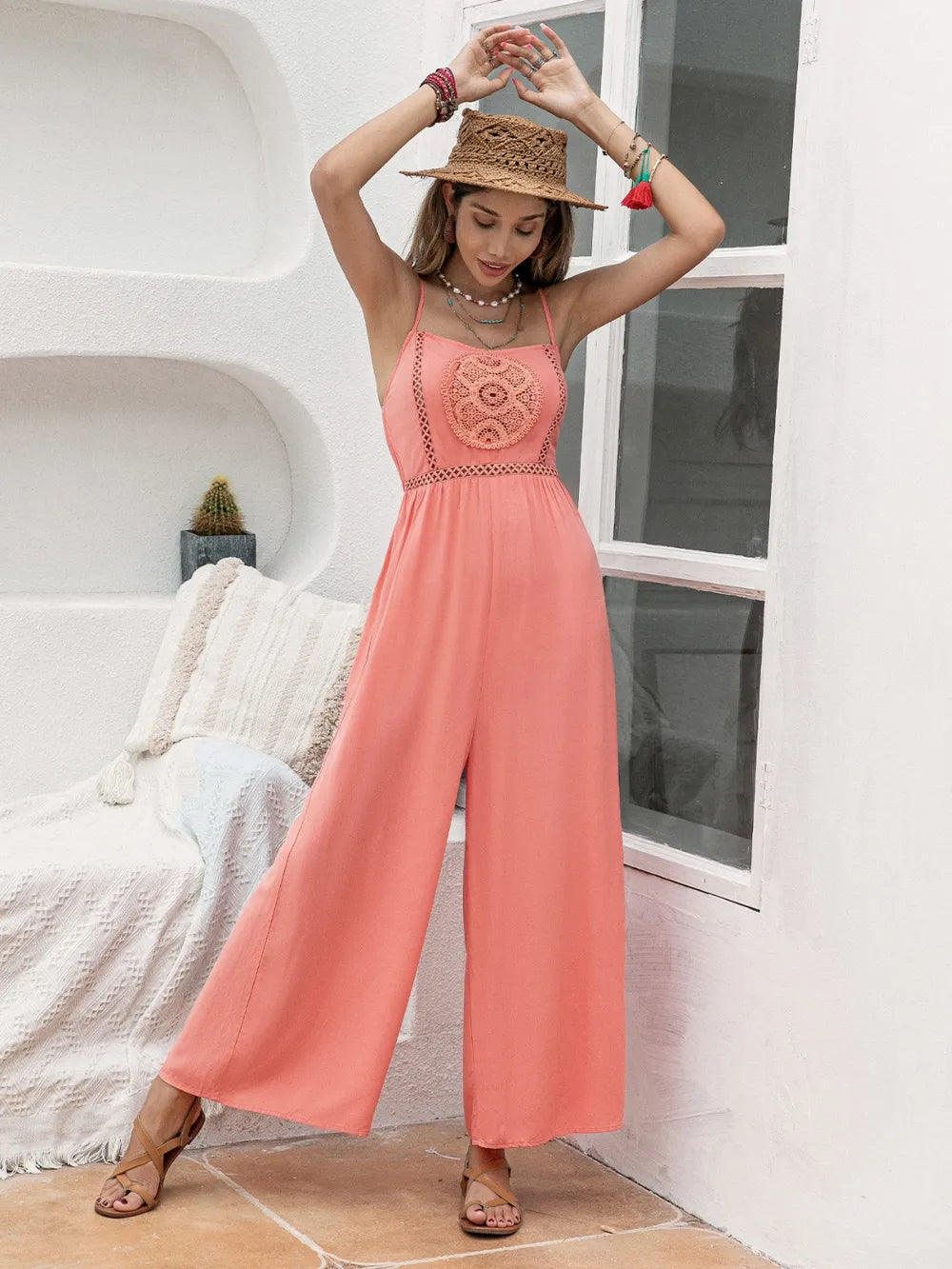 Openwork Spaghetti Strap Wide Leg Jumpsuit - LODIMAE FASHION 