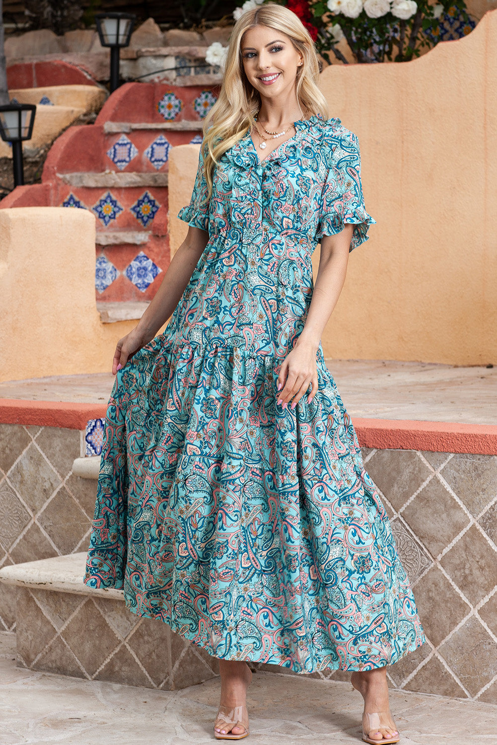 Paisley Print Flounce Sleeve Maxi Dress - LODIMAE FASHION 