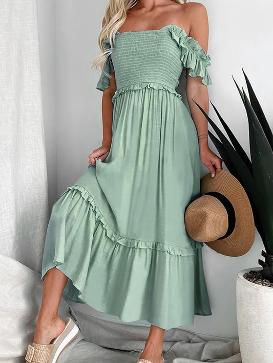 Perfee Frill Smocked Off-Shoulder Ruffle Sleeve Dress - LODIMAE FASHION 