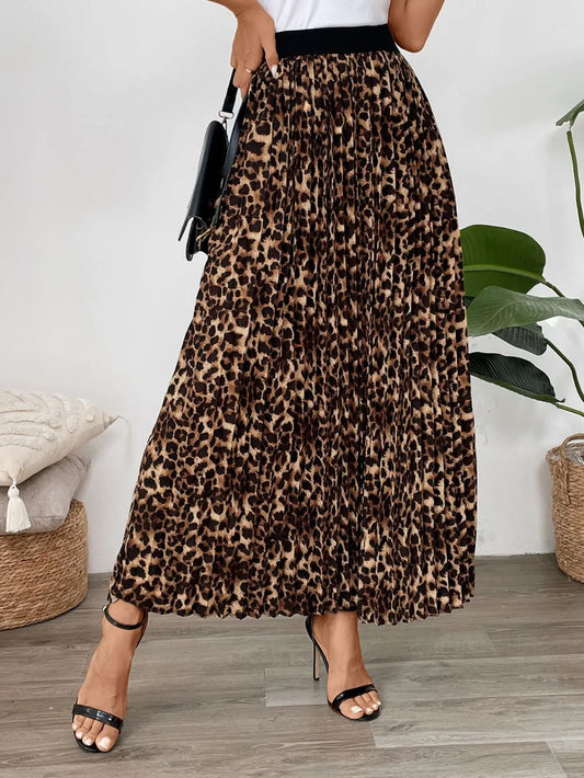 Perfee Pleated Leopard Maxi Skirt - LODIMAE FASHION 