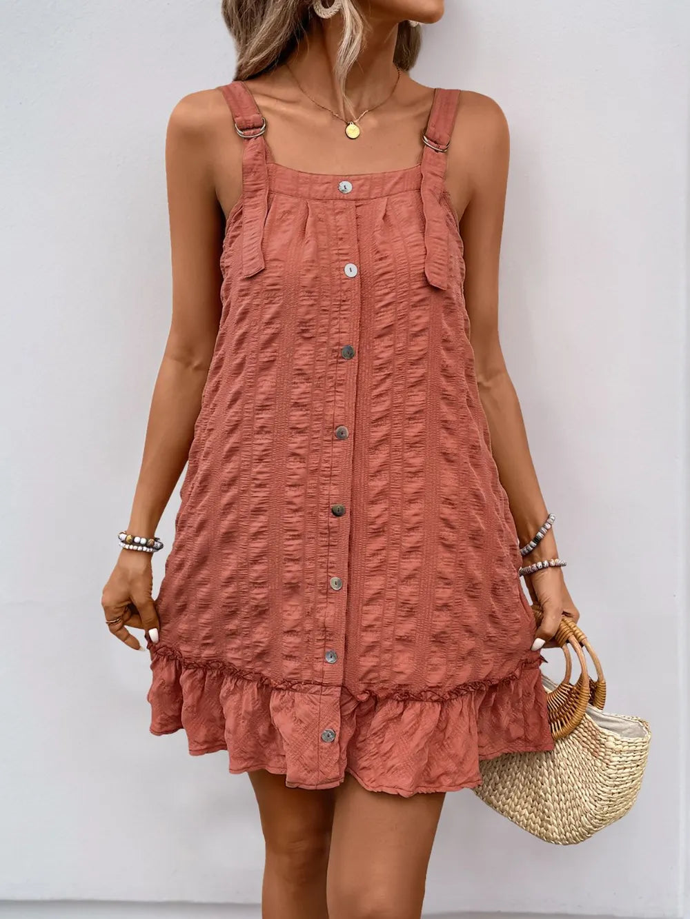 Perfee Texture Square Neck Wide Strap Mini Dress - LODIMAE FASHION 