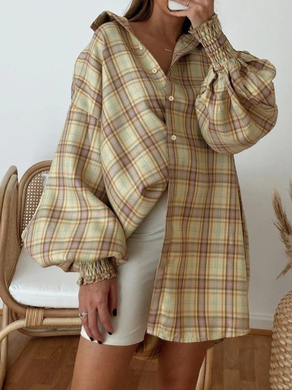 Plaid Lantern Sleeve Shirt - LODIMAE FASHION 