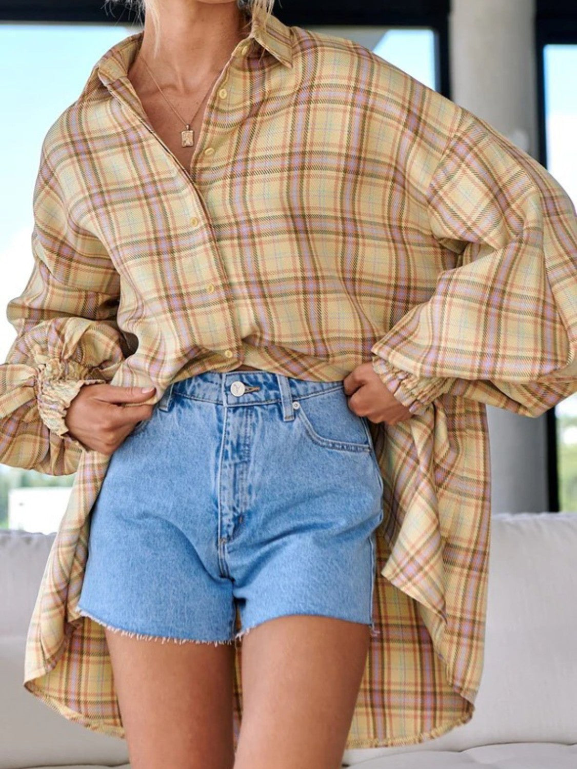 Plaid Lantern Sleeve Shirt - LODIMAE FASHION 