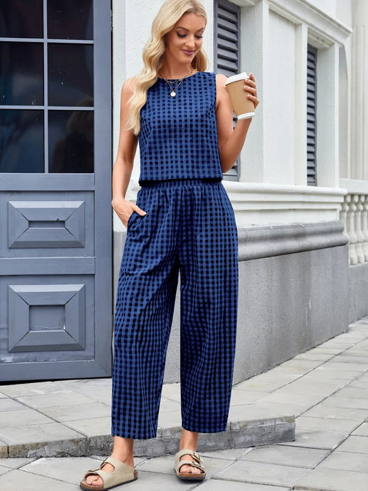 Plaid Sleeveless Top and Pants Set - LODIMAE FASHION 