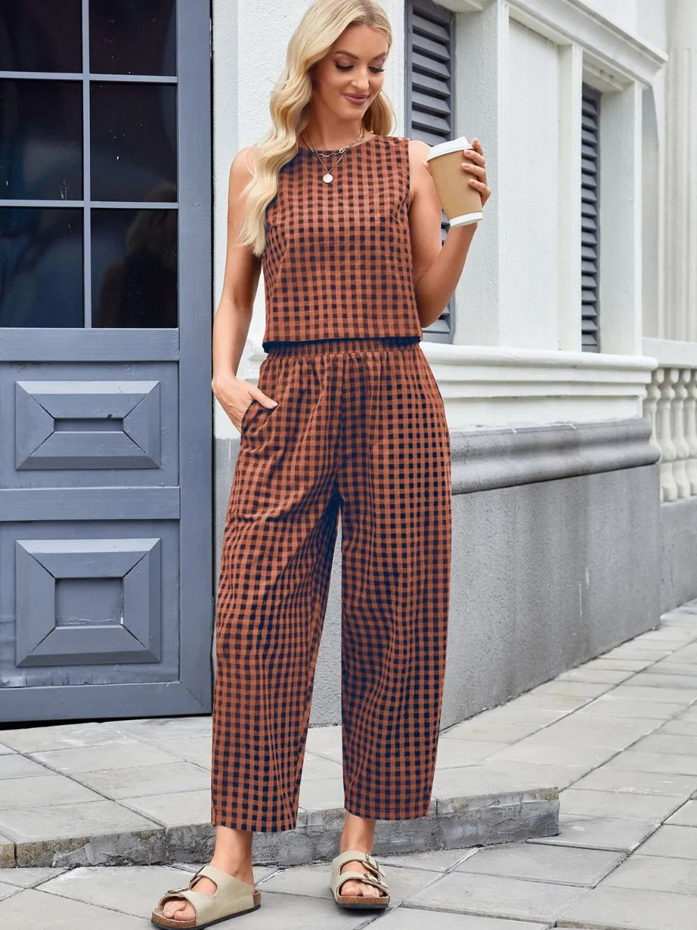 Plaid Sleeveless Top and Pants Set - LODIMAE FASHION 