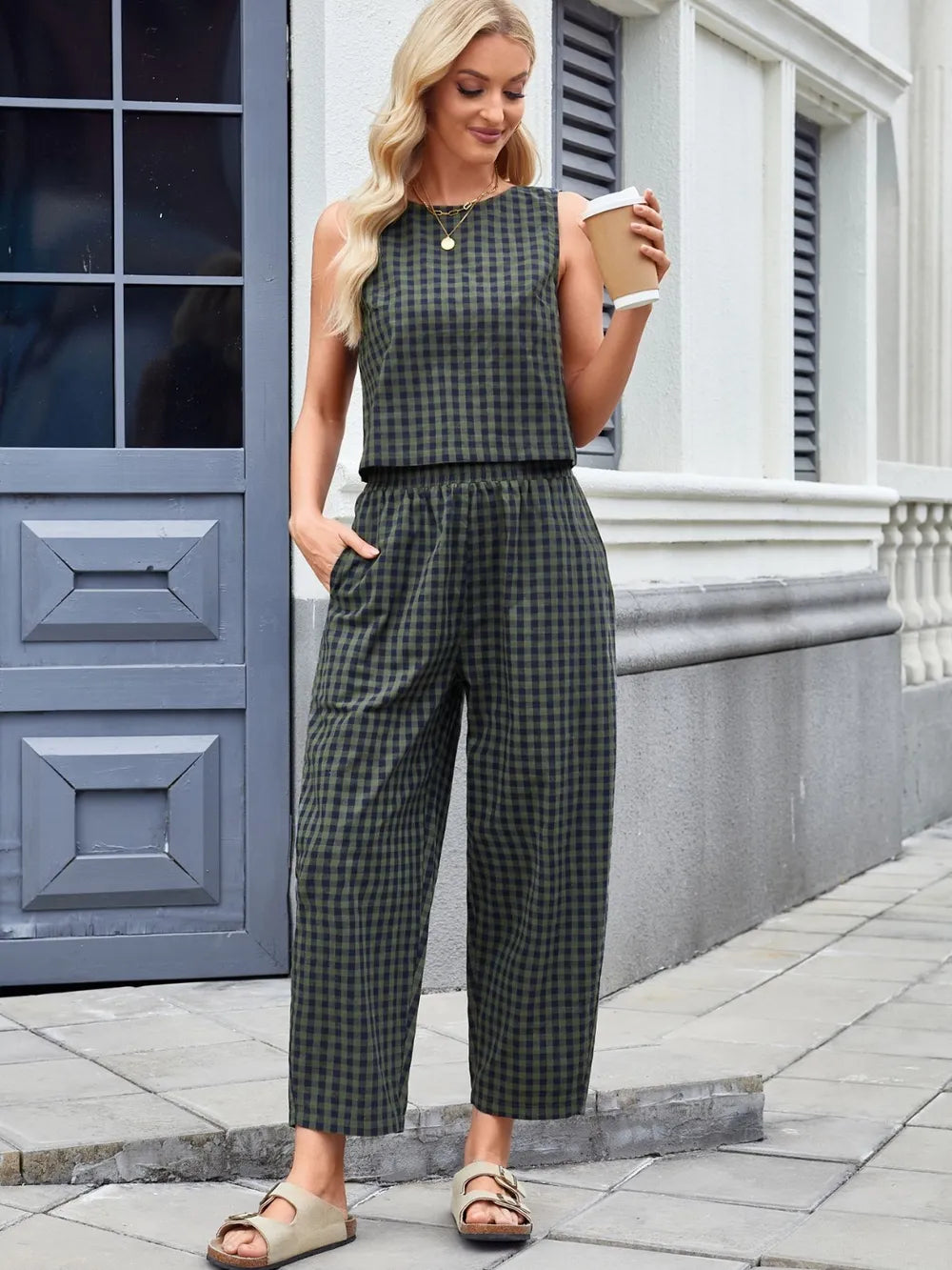 Plaid Sleeveless Top and Pants Set - LODIMAE FASHION 
