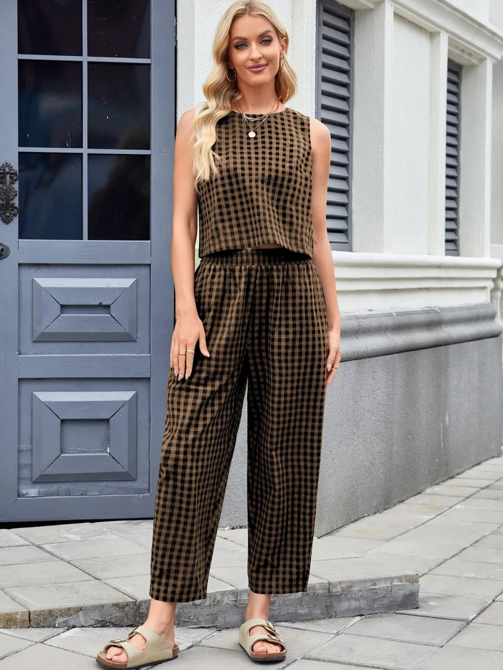 Plaid Sleeveless Top and Pants Set - LODIMAE FASHION 