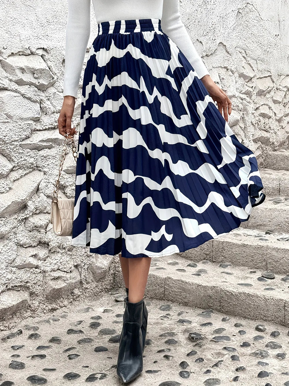 Pleated Printed Elastic Waist Skirt - LODIMAE FASHION 