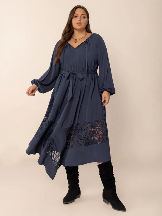Plus Size Lace Detail Tie Neck Long Sleeve Midi Dress - LODIMAE FASHION 