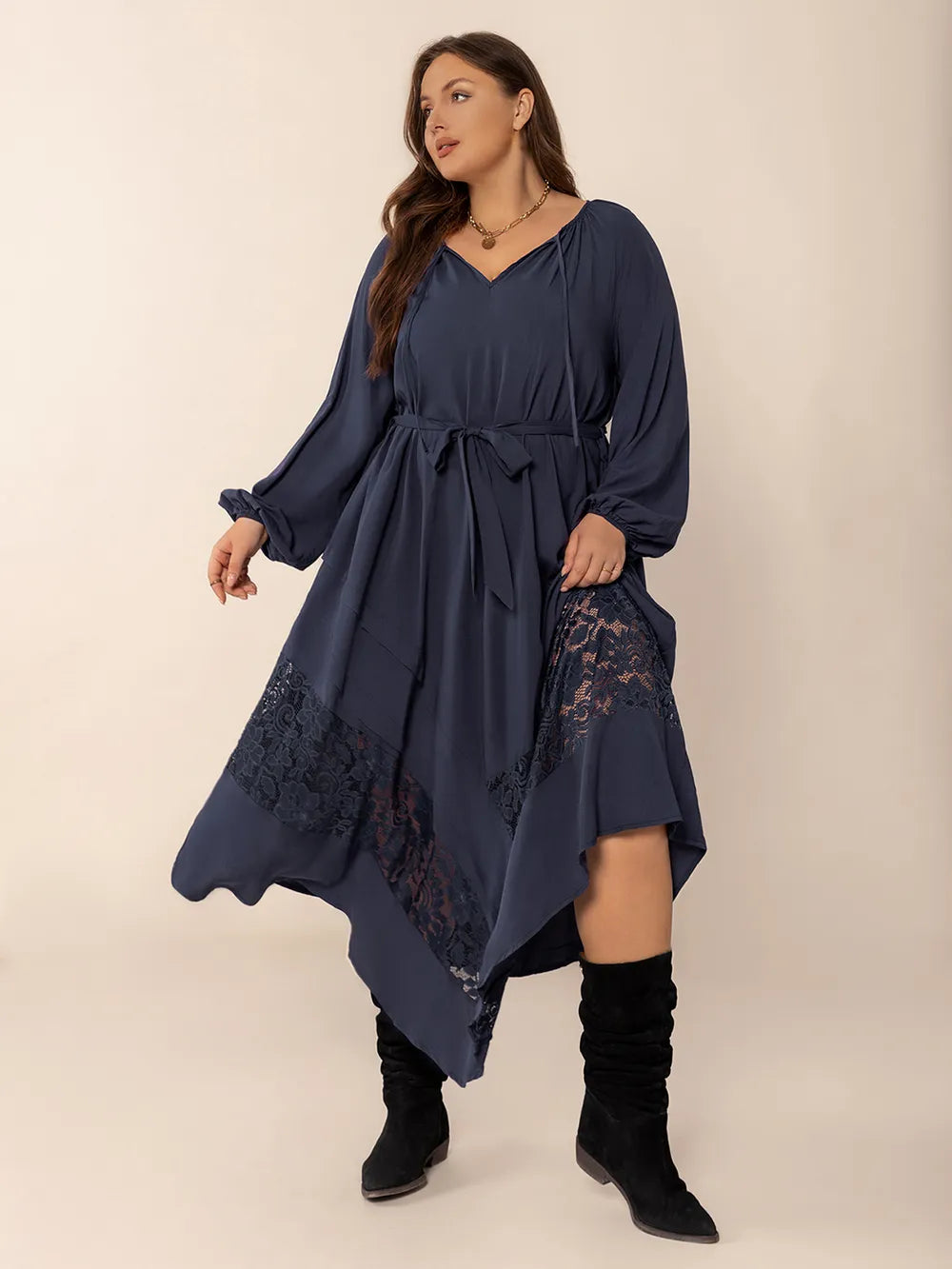 Plus Size Lace Detail Tie Neck Long Sleeve Midi Dress - LODIMAE FASHION 