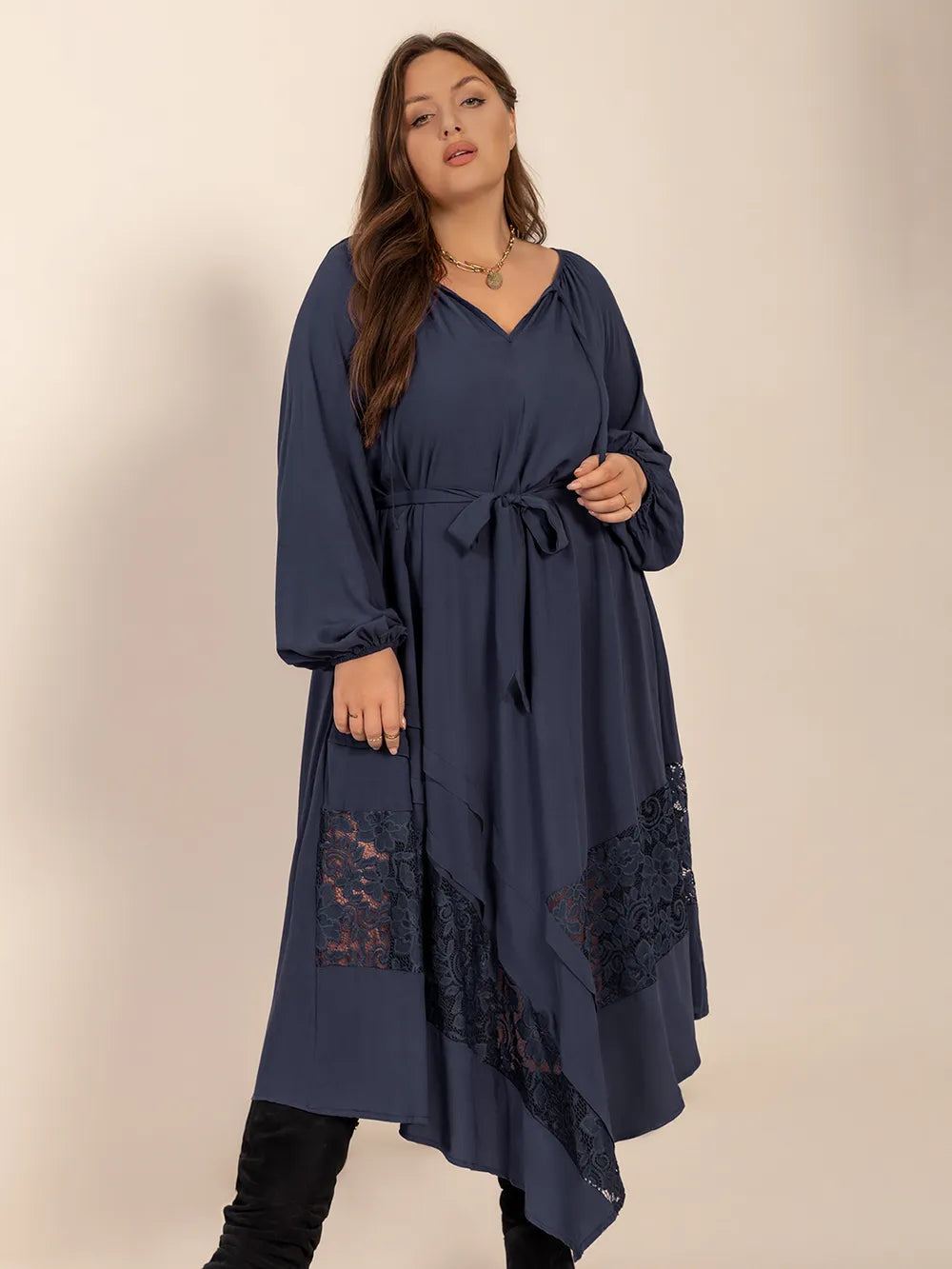 Plus Size Lace Detail Tie Neck Long Sleeve Midi Dress - LODIMAE FASHION 