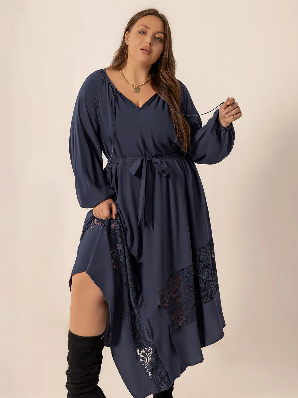 Plus Size Lace Detail Tie Neck Long Sleeve Midi Dress - LODIMAE FASHION 