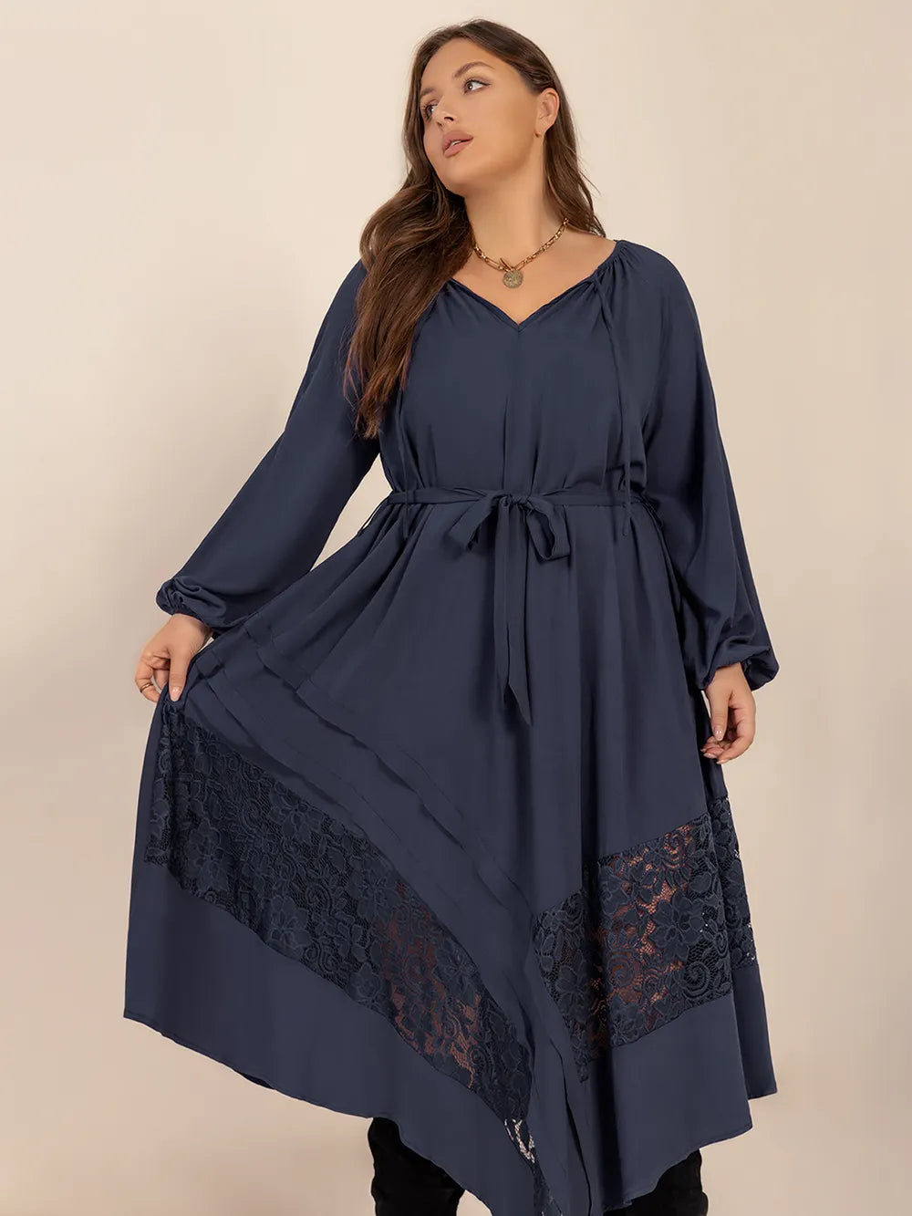 Plus Size Lace Detail Tie Neck Long Sleeve Midi Dress - LODIMAE FASHION 