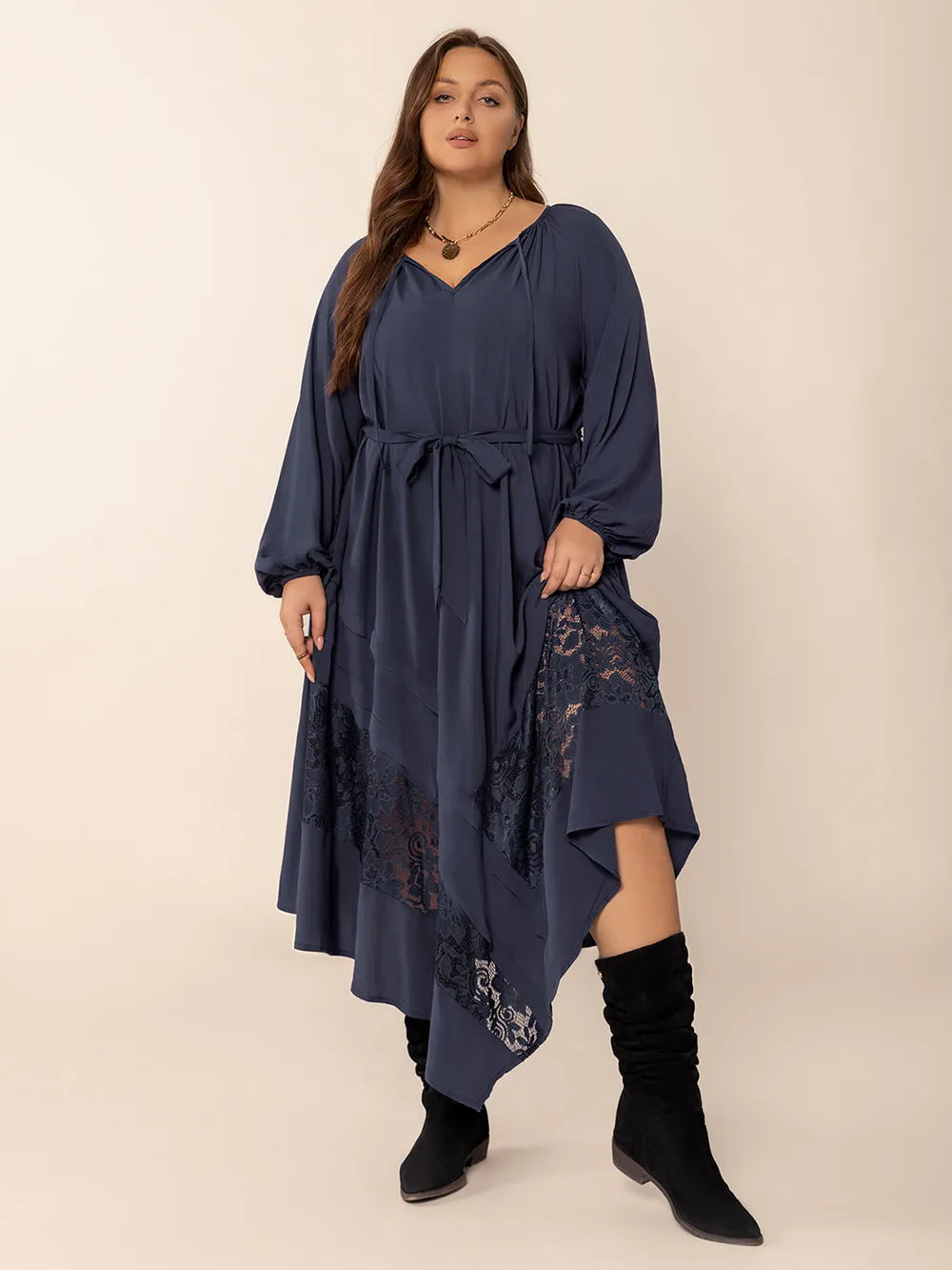 Plus Size Lace Detail Tie Neck Long Sleeve Midi Dress - LODIMAE FASHION 