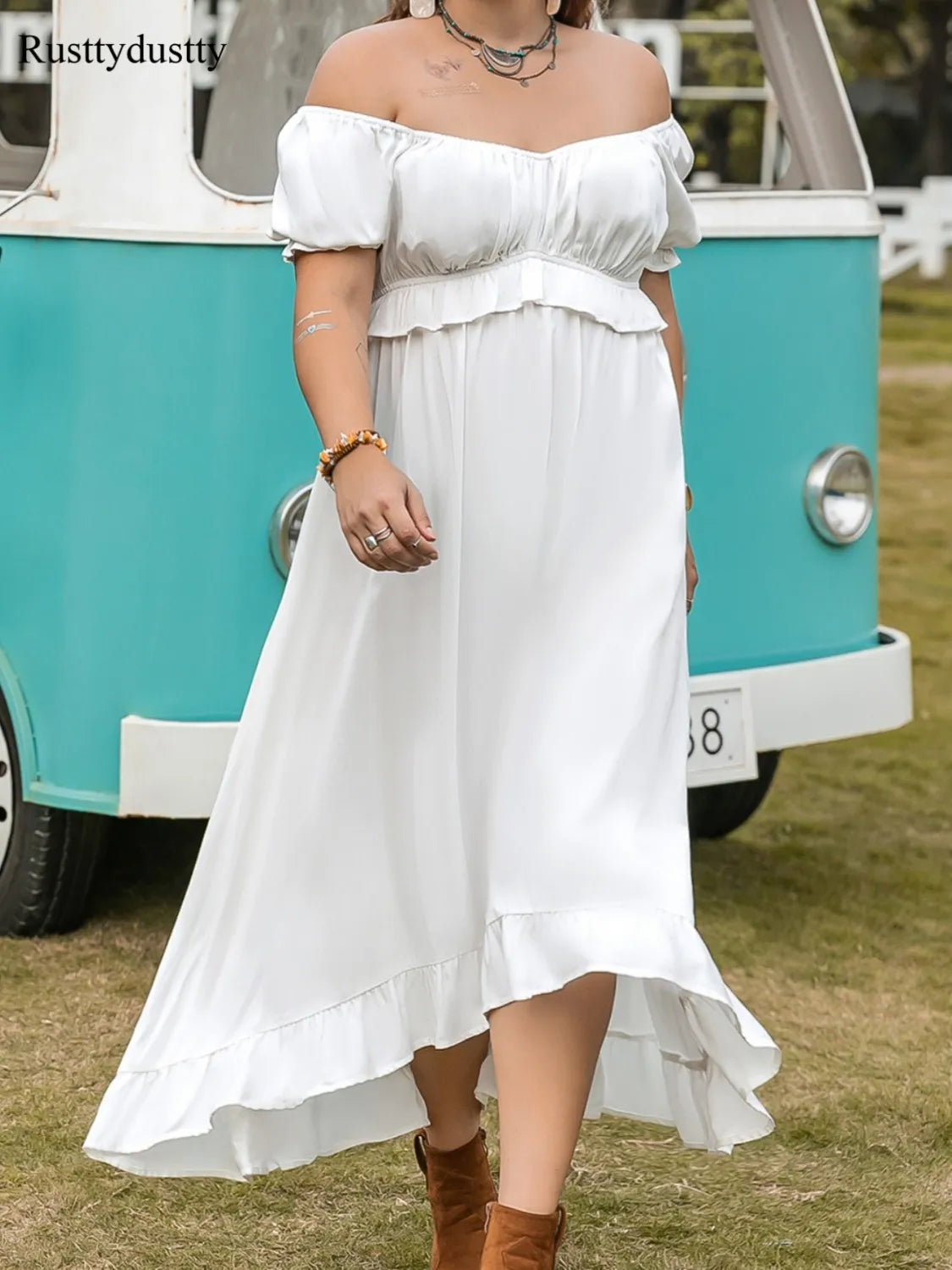 Plus Size Ruffled Hem Off-Shoulder Dress - LODIMAE FASHION 
