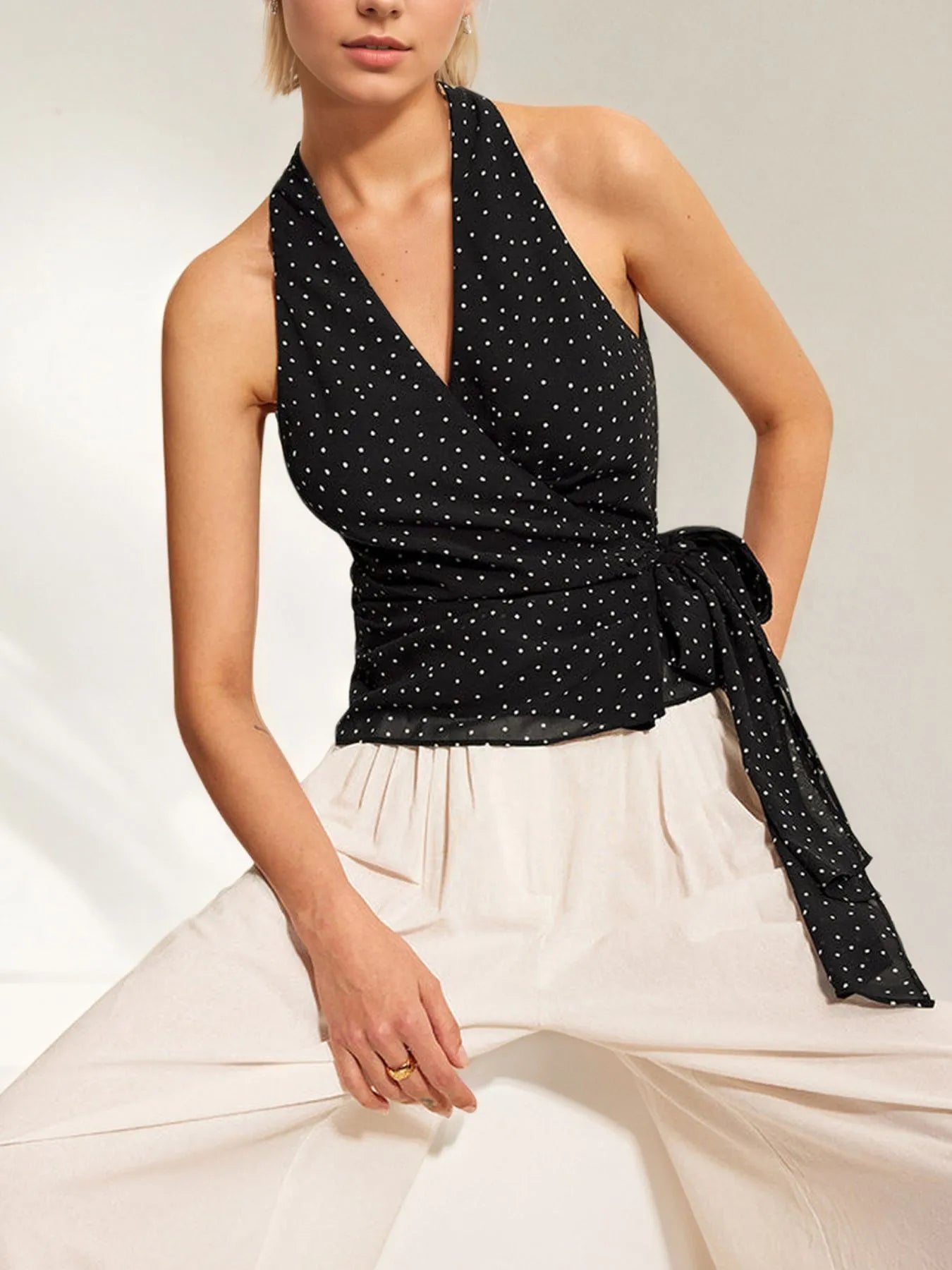 Polka Dot Halter Wrap Cami Top - LODIMAE FASHION 