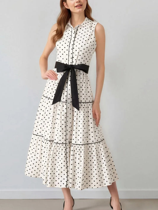 Polka Dot Sleeveless Midi Shirt Dress - LODIMAE FASHION 