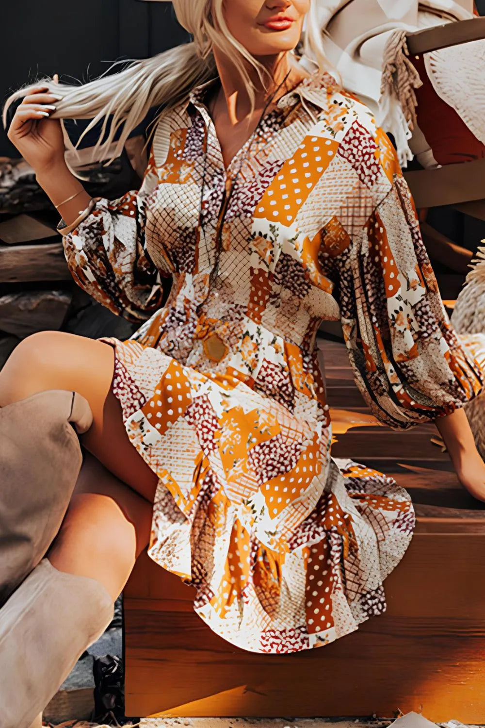 Printed Collared Neck Three-Quarter Sleeve Mini Shirt Dress - LODIMAE FASHION 