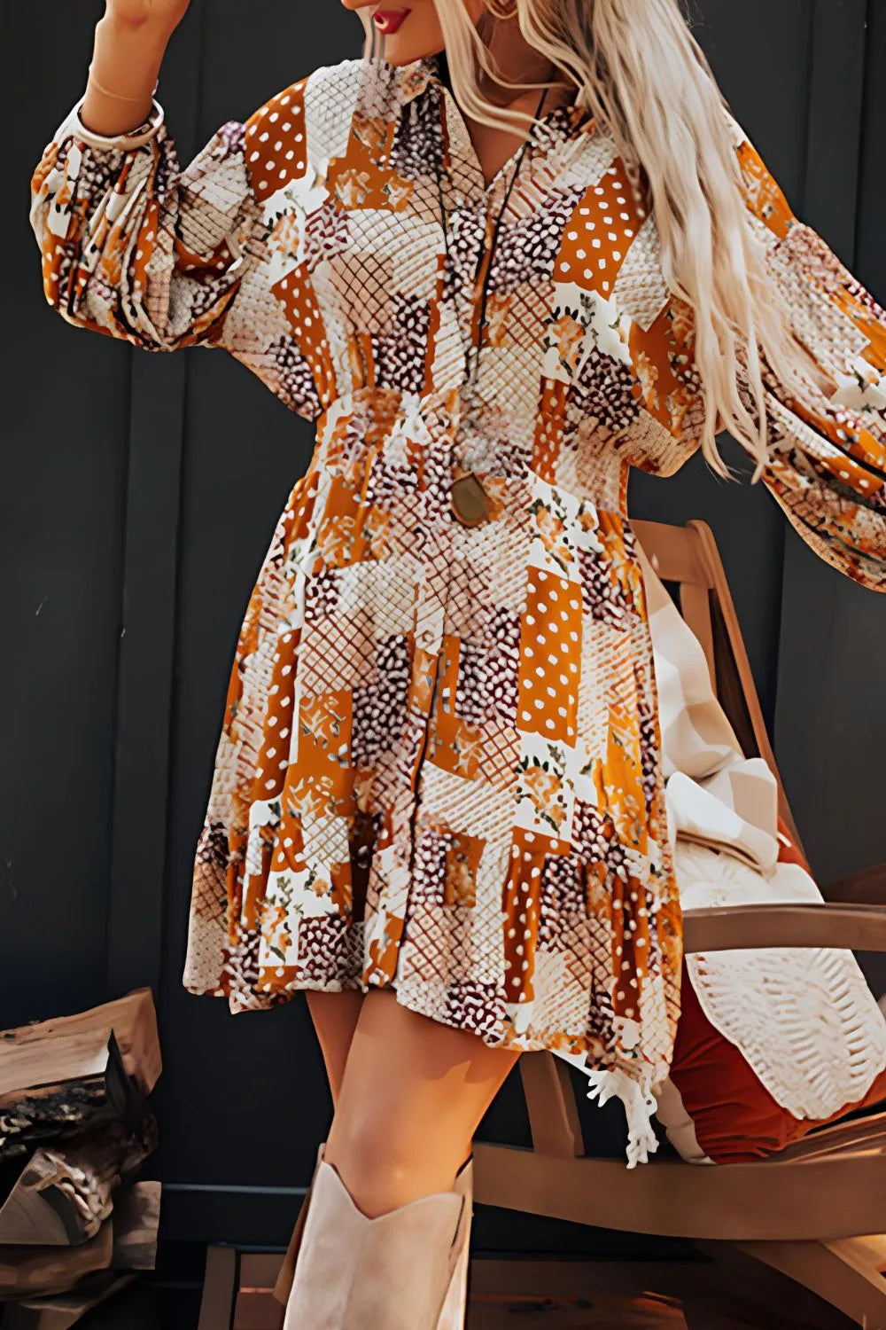 Printed Collared Neck Three-Quarter Sleeve Mini Shirt Dress - LODIMAE FASHION 