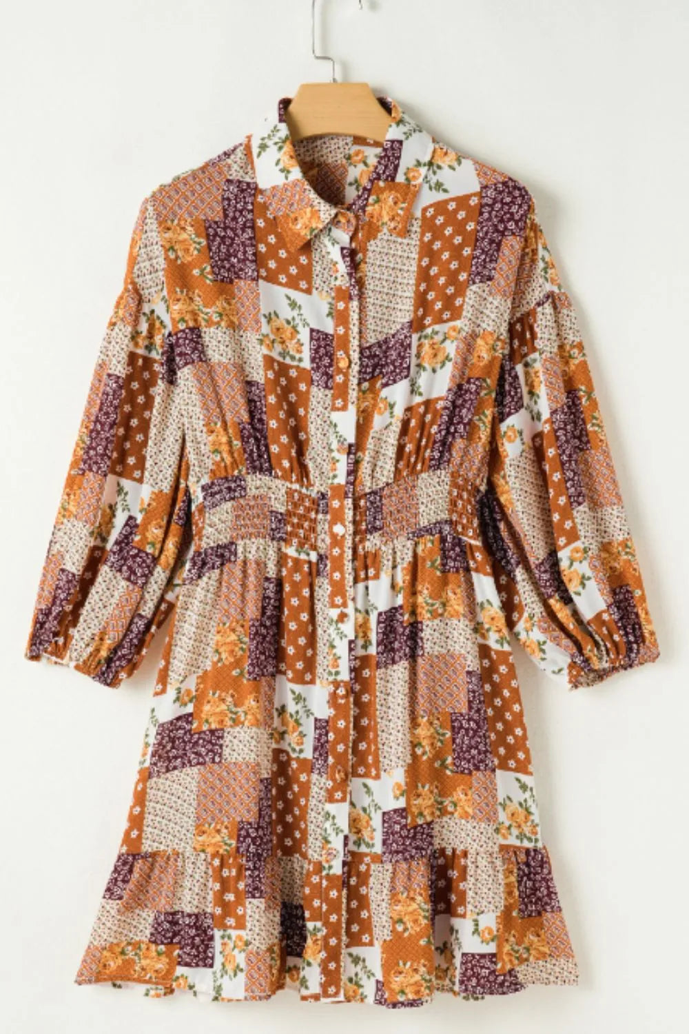 Printed Collared Neck Three-Quarter Sleeve Mini Shirt Dress - LODIMAE FASHION 