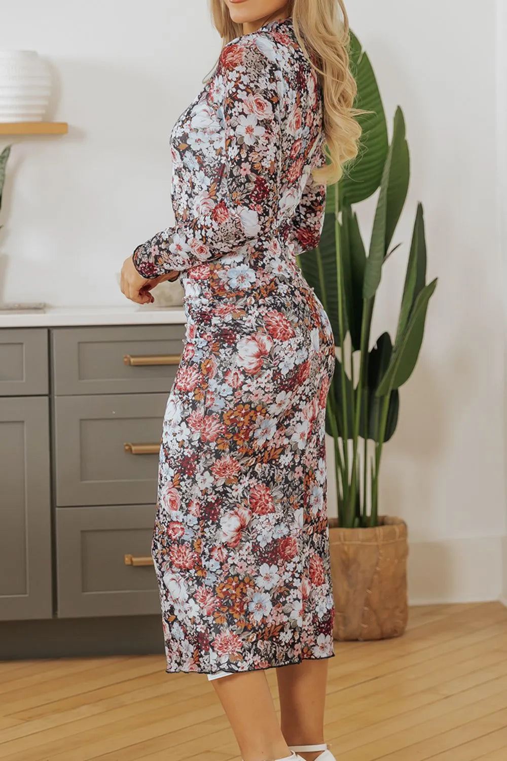 Printed Long Sleeve Midi Slim Dress - LODIMAE FASHION 